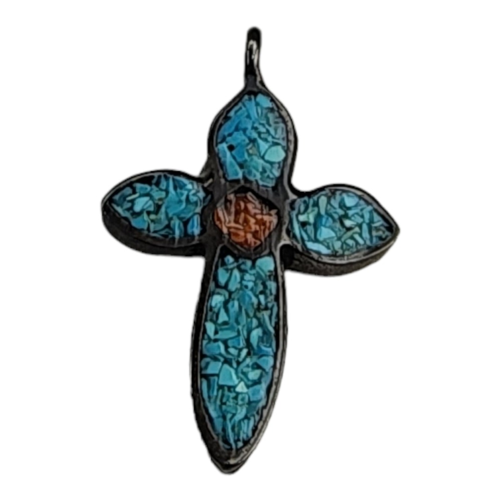 Vintage Cross Pendant Turquoise Chip Inlay Small Blue Southwestern Charm